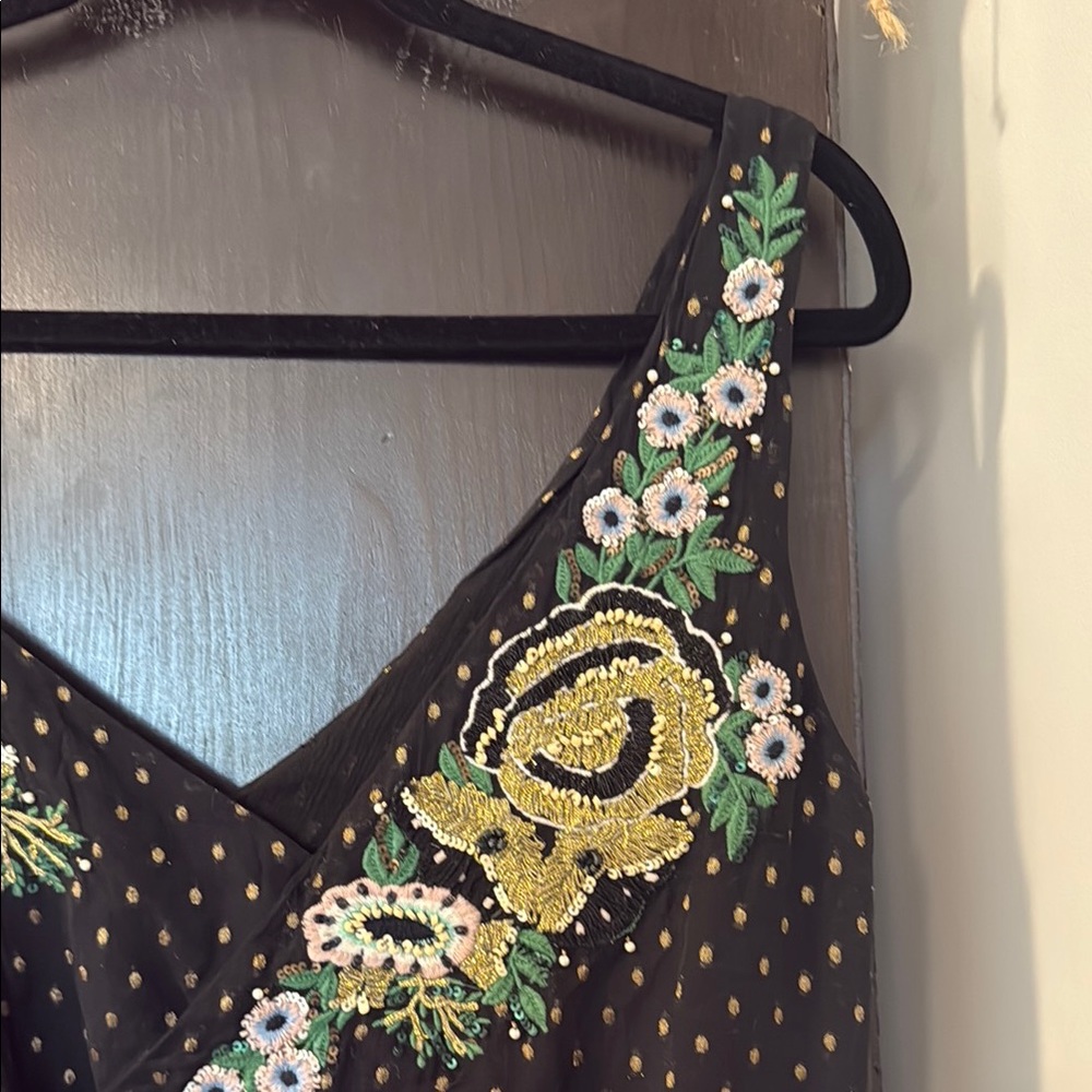Black and Gold Embroidered Bodysuit with Plunging V-Neckline